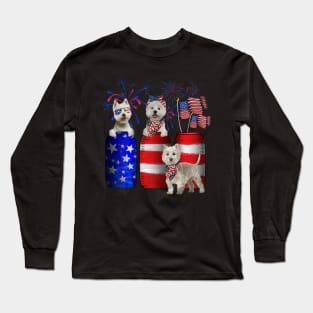 4th Of July American Firework Flag Westies Dog Long Sleeve T-Shirt